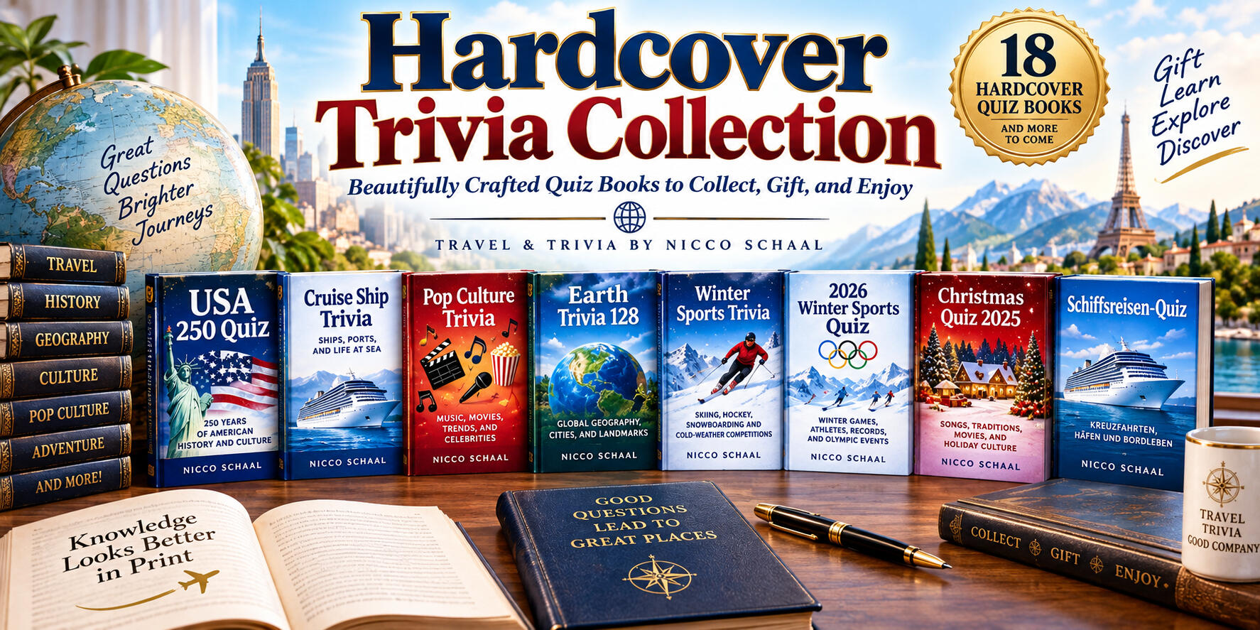 Hardcover Trivia Collection The **Hardcover Collection** includes 18 beautifully designed hardcover quiz books by Nicco Schaal in the Travel & Trivia series.